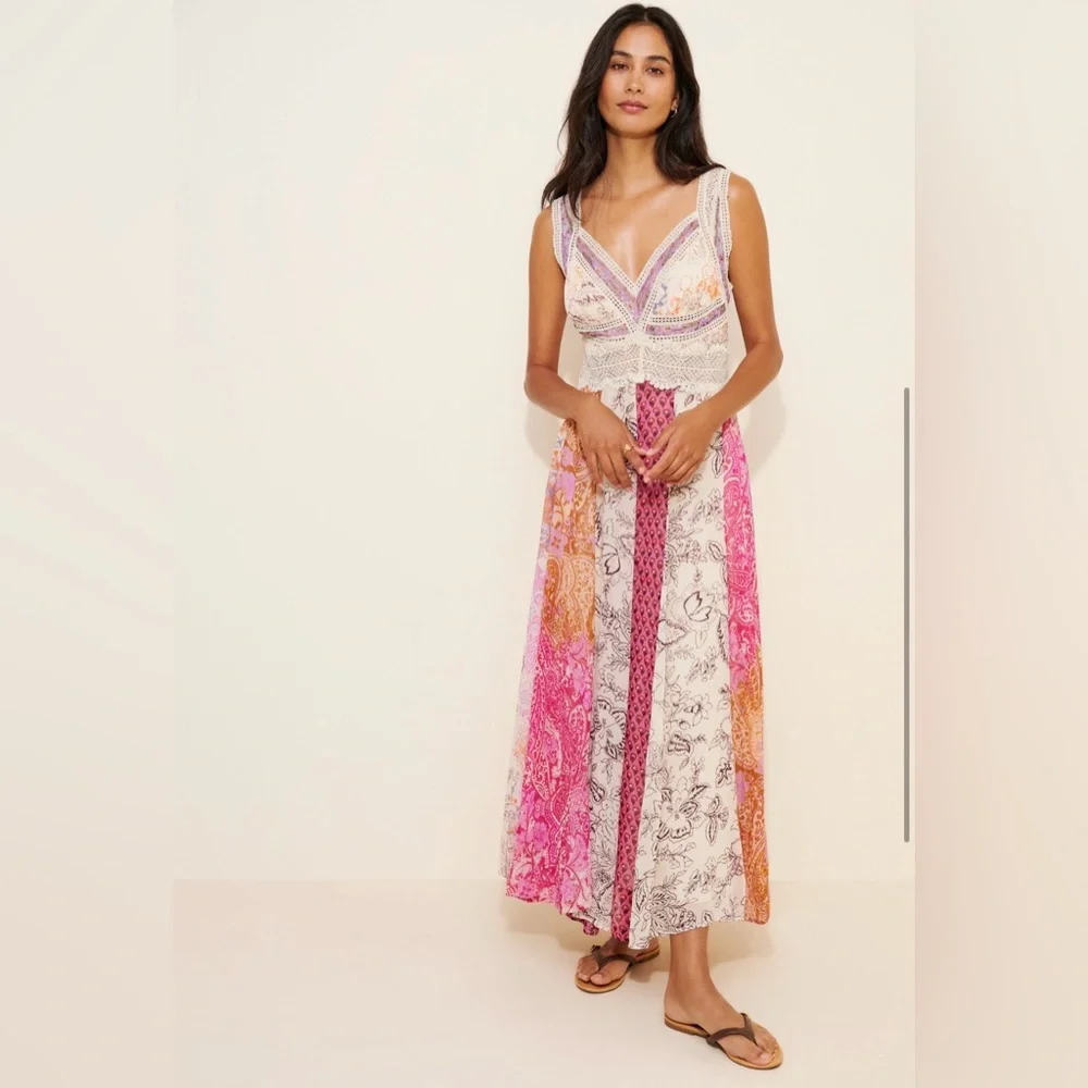 Anthropologie Sleeveless V Neck Patchwork Boho Maxi dress in pink combo, size 12 - Picture 3 of 11